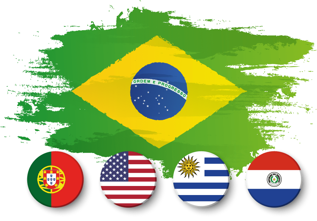 Imagem: Países com presença da Bricoflex: Brasil, Portugal, EUA, Uruguai Paraguai e Moçambique